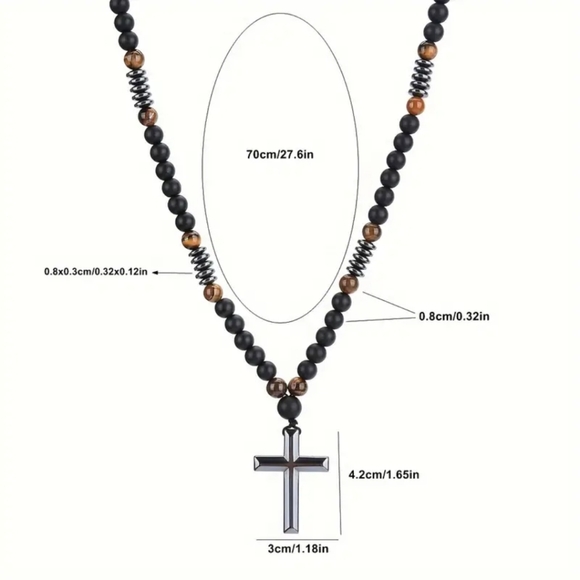 8mm Black Obsiden & Tiger Eye Natural Stone Bead Necklace & Cross for Men/Women - Picture 5 of 8